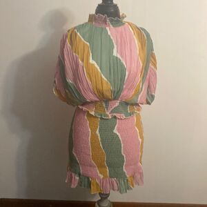 ASOS Design pleated blouson mini dress with shirred skirt multi pastel